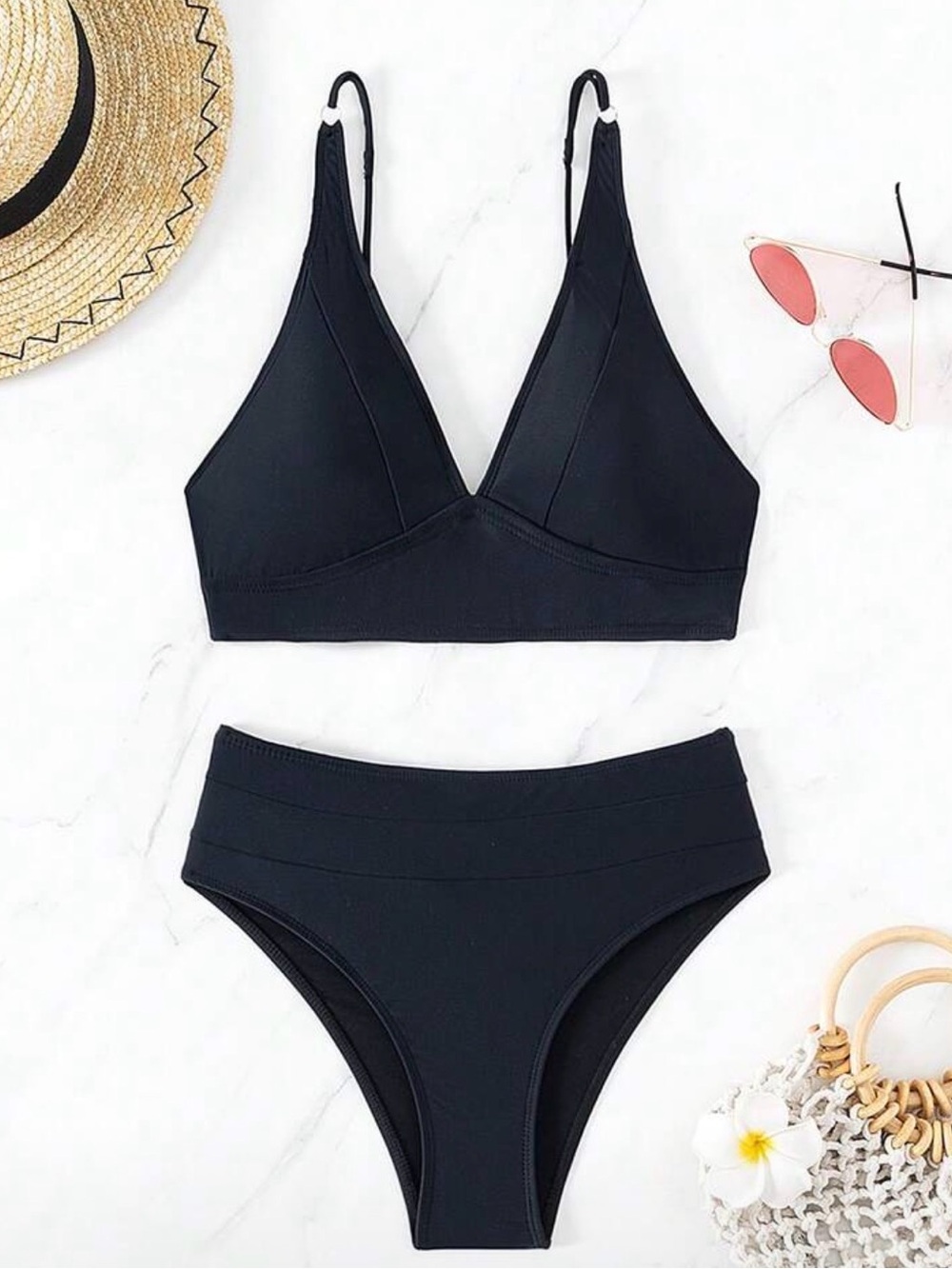 Black Women's Two-Piece Bikini Set - Sleek V-Neck Top & High-Waist Bottom